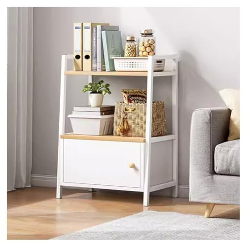 Modernes 2-stöckiges Leiterregal, Bücherregal mit Schubladen, freistehend, Metallrahmen, Aufbewahrungsdisplay für Badezimmer und Heimbüro (Weiß, 43 x 30 x 70 cm)