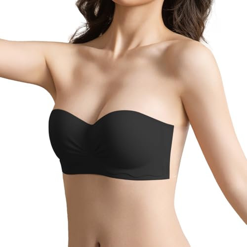 D.DUO Strapless Bras, Adhesive Push up Bras, Backless Bra, Wirefree Non-Slip Invisible Tube Top for Women (Black, C)