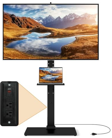 GYMAX Support TV sur Pied Inclinable, Hauteur Réglable, avec Prise de Courant, Étagère de Rangement, pour Télévision Écran de 32 à 70″ Jusqu'à 50 KG, VESA Max 600 x 400 mm