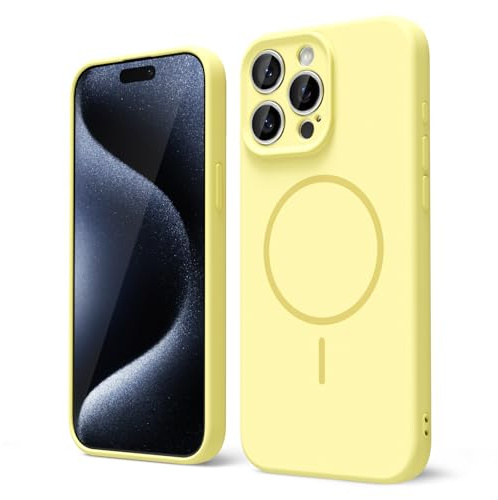 oakxco for iPhone 15 Pro Case Silicone Mag Safe, Magnetic Slim Thin Phone Case Compatible with Magsafe, Women Girls Cute Girly Aesthetic Soft Rubber Gel Safecase with Camera Cover, Yellow