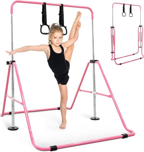 KAYMAN Foldable Gymnastics Horizontal Bar with Hand Protection Wrap, Adjustable Height & Feet - Durable Iron Equipment for Flexibility Training, Compact & Stylish (Pink, Small (90-130cm))