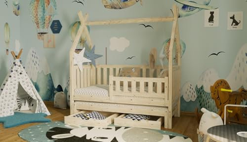 Holzti Kinderbett Hausbett Tipi aus Massivholz mit zweitem Ausziehbett - mit Rausfallschutz & Schublade – skandinavisches Bodenbett Kiefer Natur - 200 x 160 cm - Naturholz