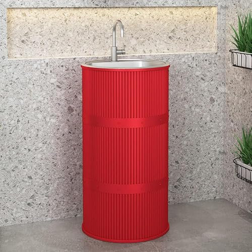 Lavandino a Colonna Moderno in Ferro Battuto, Mobile da Bagno con Lavabo in Acciaio Inox, Lavandino su Piedistallo Freestanding Set con Rubinetto e Scarico,N(Size:senza contenitore,Color:Rosso)