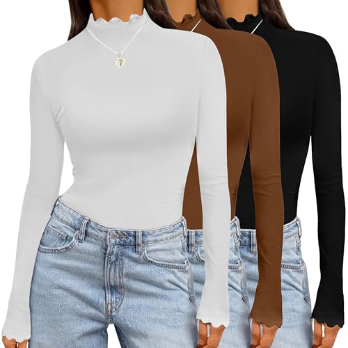 Ekouaer Womens 3 Pack Long Sleeve Shirts Turtleneck Tops for Women Stretch Fitted Thermal Undershirt Layer S-XXL,Black+White,M