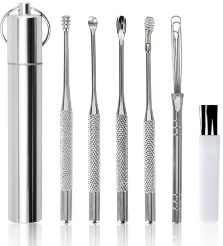 Luxvara Lot de 6 Nettoyage D'oreille en Acier Inoxydable, Outils D'élimination de la Curette de Cérumen, Nettoyeur D'oreilles Portable, Cure Oreilles Set, Cuillère à Oreille pour Hommes et Femmes