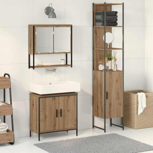 QUAHEAS Badezimmermöbel Set 3-teilig, Braun Holzwerkstoff, 33 x 33 x 185.5 cm, mit Regal, Flächenbündige Türen, Großer Stauraum, Langlebig für Badezimmer, Gäste-WC