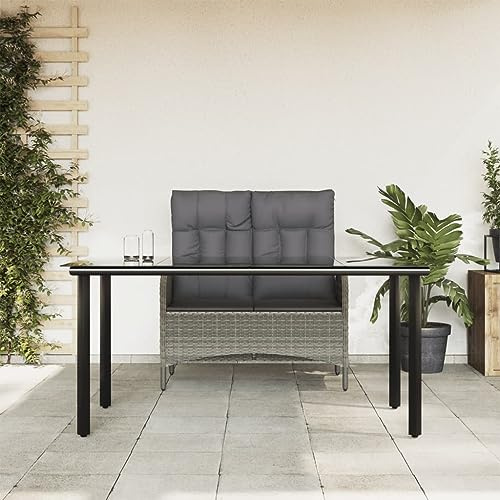 Runheo 2-TLG. Garten-Essgruppe mit Kissen Grau Poly Rattan, 160x80cm Tisch, verstellbare Bank, für Terrasse, Balkon, Outdoor-Möbel Set