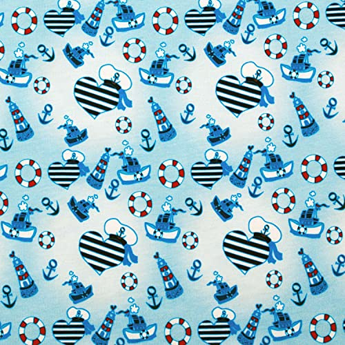 SÜSSE ZWERGE-Stoffe Baumwolljersey maritim - Leuchtturm, Boot, Herzen - Mode Kinderstoff Nähen Meterware 25 cm x 150 cm - Öko Tex Standard 100 Zertifiziert