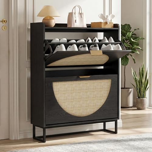 Schuhkommode mit 2 Schubladen, Rattan Design Schuhschrank Schmal Holz | Schuhaufbewahrung mit Metallbeinen für Flur, Schuhorganizer für Eingangsbereich, Wohnzimmer, 80x24x101cm, Schwarzer