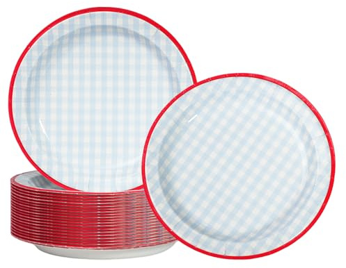 Cherypick Assiettes jetables en carton 22 cm – Lot de 50 | motif vichy bleu, résistantes et anti-fuite, compatibles micro-ondes, pour BBQ, pique-nique, anniversaires et fêtes