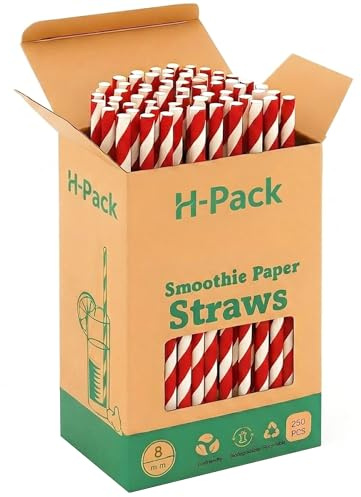 H-Pack Paper Straws 8mm Red Stripe 250 Pcs Disposable Food Safe Eco-Friendly Drinking Pipe for Smoothies Milkshake Cocktail Juice Party Restaurant Café Events