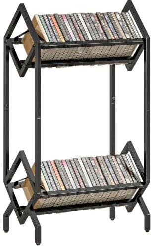 HOMCOM Mobile Porta CD a 2 Livelli in Metallo 50 CD 45.2x25.4x80 cm Nero | Scaffale Salvaspazio, Mobile Portacd per DVD, Libri, per Soggiorno, Camera da Letto, Ufficio