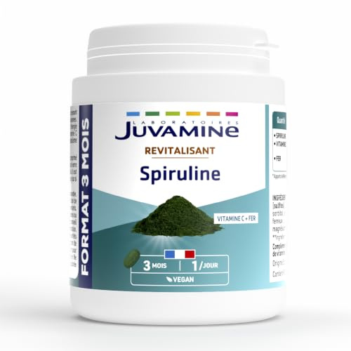 JUVAMINE Spiruline + Vitamine C + Fer - Vitalité, Anti-Fatigue - 3 mois | Revitalisant, Super-aliment, Antioxydant, Soutien du système Immunitaire, Assimilation Optimisée, Fabriqué en France