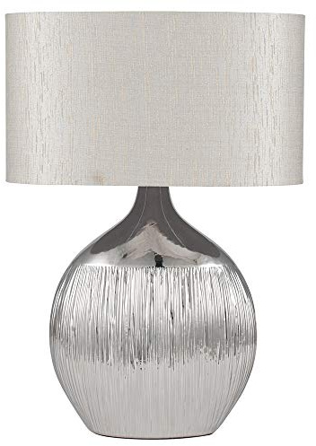Pacific Lifestyle Ceramic Silver Table Lamp for Living Room | Art Deco Metallic Textured Bedside Lamps | Elegant Flat Chrome Lamp Base with Oval Faux Silk Shade (Silver)