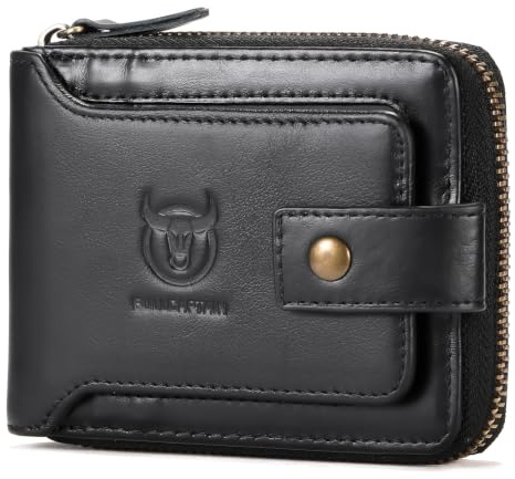 BULLCAPTAIN Genuine Leather RFID Wallet for Men Large Capacity ID Window Card Case with Zip Coin Pocket QB-231