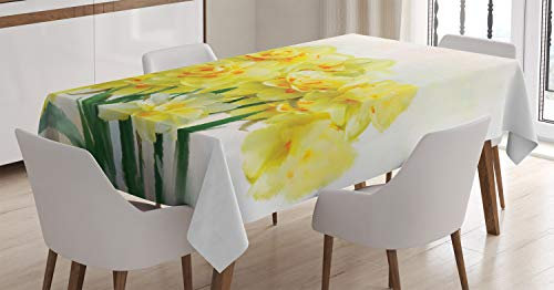 ABAKUHAUS Blume Tischdecke, Malen von Narzissen Bouquet, Wasserfest Waschbar mit Klar Sichtbaren Farben kein Verblassen Personalisiert, 140 x 170 cm, Gelb Grün