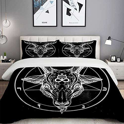 MOBEITI Bettwäsche-Set, Mikrofaser,Pentagramm mit Dämon Baphomet Satanic-Ziegen-Kopf-binäres Symbol-Tätowierungs-Retro- Musik,1 Bettbezug 135 x 200cm+ 2 Kopfkissenbezug 80x80cm