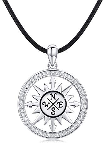 CUOKA MIRACLE Herren Lederkette mit Kompass Anhänger Sterling Silber 925 Kompass Halskette 1.5 mm Lederband Kette mit Geschenkbox für Mann Damen