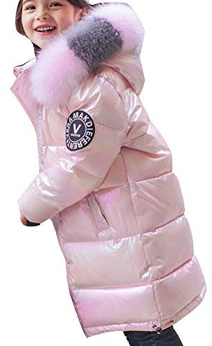 YAOTT Piumino lungo lucido per Bambina,Piumino imbottito Cappotto trapuntato Casual tintura di Parka in pelliccia sintetica Giacca da neve Giacca a vento Outwear rosa 150cm