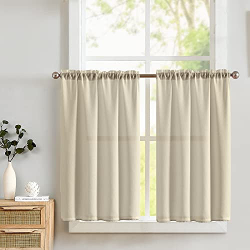 TOPICK Scheibengardine Bistrogardine Leinenoptik Hellbraun Vorhang Fenstervorhang Gardine Gaze Paarig Schals Scheibengardinen Fensterschal für Küche Wohnzimmer Landhaus 2er Set 90Bx60H(cm) Beige