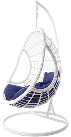 Kideo® Komplettset: großer Hängesessel mit Gestell & Kissen, Hängesessel weiß, Lounge Möbel, Poly-Rattan, weiß (Kissen: blau Chesterstepp (5900 Navy))