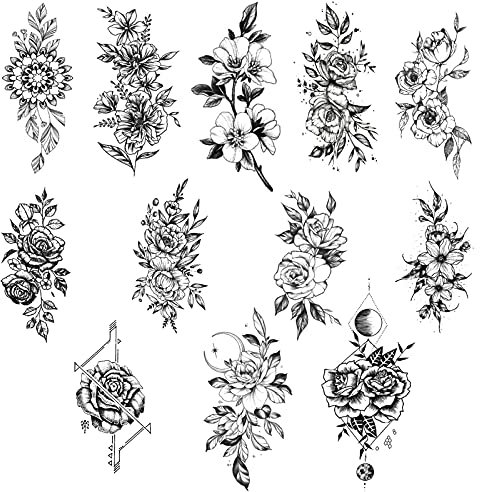 Tatouage Temporaire Fleurs De Croquis Noir 12 Feuilles Fleur Tattoos Temporaires Autocollants Tatouages Sexy Grande Taille Faux Tatouages pour Adultes Hommes Femmes et Filles