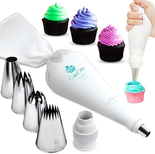 CukkiCakes Spritzbeutel Mit Tüllen Profi Set (7 Stück): Spritzsack Wiederverwendbar (45cm) + 4 Spritztüllen Groß XL (849, 869, 829, 808) + Adapter | Torten Spritztüte Set Made in Japan & Korea