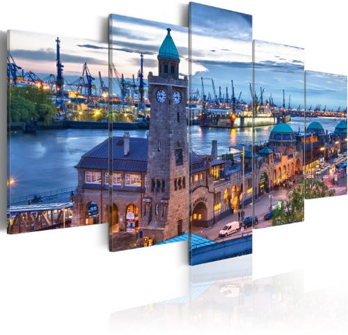 B&D XXL - Wandbilder XXL Hamburg 150x75cm 5 tlg - Wand Deko Leinwand Bilder Groß Wanddeko Wohnzimmer Schlafzimmer Kunstdrucke - bei Nacht Hafen Stadt Deutschland Panorama 030221-1
