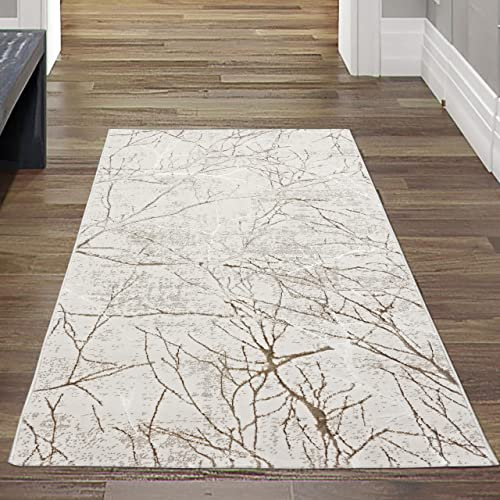 Designer Vorleger Teppich Flur & Schlafzimmer | abstraktes glänzendes Ästemuster hell-dunkel Effekt Creme, Größe 80x150 cm