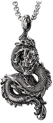 COOLSTEELANDBEYOND Homme Vintage Acier Inoxydable Enroulé Dragon Pendentif Collier avec 75CM Chaîne de blé