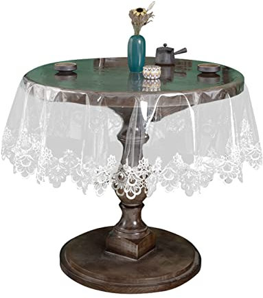 Klare Kunststoff Rund Tischdecke Wasserdichtes Vinyl PVC Tischdecke Bestickte Spitze Rand Transparente Tischabdeckung für die Küche im Freien und im Inneren verwendet-Rund 110 cm, Blumen1