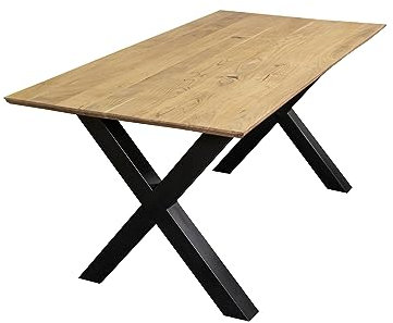 SAM Esstisch 220x100 cm Andi, Akazienholz massiv + naturfarben, Esszimmertisch mit Schweizer Kante, X-Metallgestell Schwarz, massiver Holztisch, Tischplatte 26mm