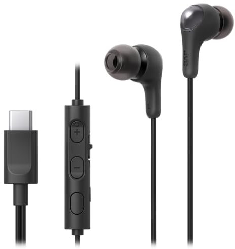 Auriculares JVC con Cable y Micro - Con USB tipo C, Sonido Potente y Claro, Control desde Botón, Anti Delay (sin Retraso de Audio) y 4 Tallas de Almohadillas Incluidas - Cascos con Micrófono HA-FR9UC