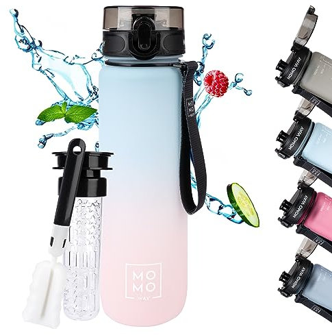 MOMO WAY Trinkflasche Tritan Wasserflasche Mit Früchtebehälter Wiederverwendbare Sportflasche Für Schule Gym Geschenk BPA-Frei 1-Klick Verschluss Blau Rosa 1000ml