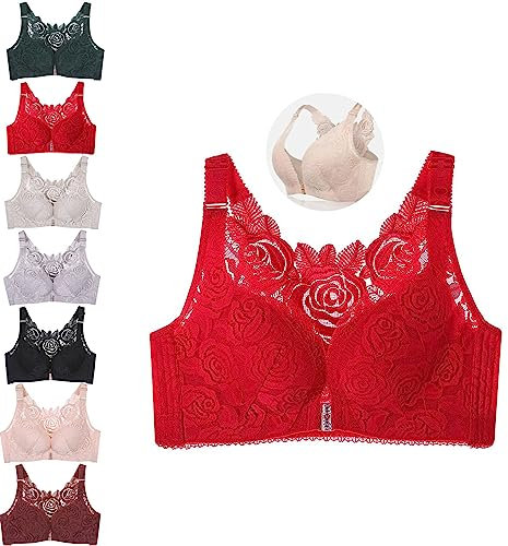 Floral Bra, Floral Comfort Rose Bra Front Closure Lace Comfy No Wire Bras, Comfortable Push up Bra (Red,40/90D)
