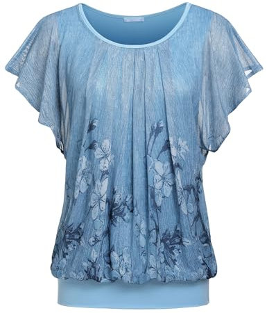 Zeagoo Tunika Damen Kurzarm Rundhalsausschnitt Tunika Top Fließende Mesh Bluse Loose Sommer Oberteile Grau Blau XXL