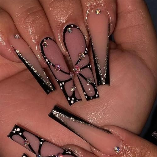 24pcs Long Coffin False Nails French Black Tip Pink Stick on Nails Rhinestone Butterfly Press on Nails with Glitter Silver V-Line Removable Glue-on Fake Nails Women Girls Nail Art Accessories