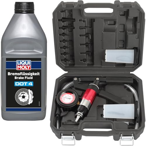 TECPO Vakuumpumpe Bremsenentlüfter Bremsenentlüftungsgerät + Bremsflüssigkeit DOT4, 1 Liter