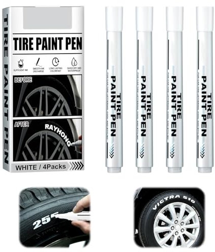 Lot de 4 Marqueur Blanc Indelebile,14.5cm Stylo Pneu Blanc,Pneu Peinture Stylo Imperméable,Feutre Pneu,Marqueur Acrylique,Stylo Peinture Pneu Pour VéLo Moto,Marqueur De Pneu,Pierre,Bois,Verre