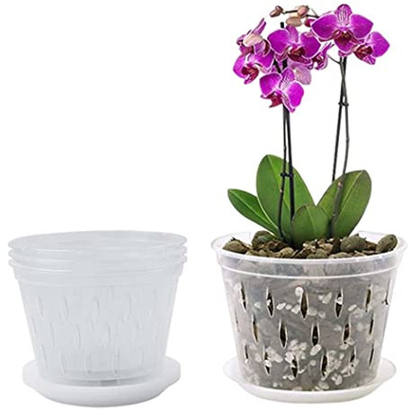 Hemore Pot d'orchidée, 4pcs 6,8 Pouces en Plastique Orchidées Pots avec Trous, Pot de pépinière à Fleurs Transparentes, Pot à Fleurs Respirant, Pots d'orchidées pour Le rempotage