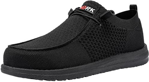 LARNMERN Zapatos de Seguridad Hombre Mujer Punteras de Acero Slip On Mocasines Zapatillas Trabajo Ligero Comodo Calzado de Seguridad Transpirable Antideslizante(42.5 EU,Negro)