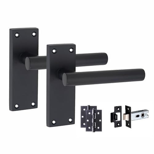 Golden Grace 1 Set of Victorian Straight T-Bar Handle Latch Door Handles Matt Black with 1 Pair of 3 Ball Bearing Hinges & Latches Pack Sets 120mm x 40mm Backplate