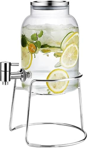ZQNDFAC Water Jug Large Capacity Beverage Dispenser with Faucet and Metal Stand, Borosilicate Glass Teapot, Juice Jug, Fruit Infuser and Ice Cylinder Iced Tea Pitcher