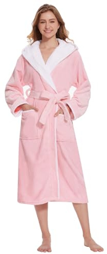 Ymmchy Bademantel mit Kapuze Damen Flauschig Morgenmantel Warm Lang Bademäntel Fleece Saunamantel Rosa S