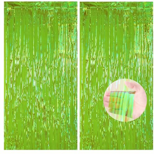 2pcs Holographic Green Glitter Tinsel Curtains, 1 * 2m Iridescent Party Foil Door Curtains with Fringe, Luau Hawaiian Safari Jungle Xmas Party Décor