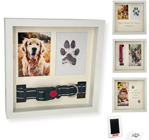 OtterPets Gedenk-Bilderrahmen für Haustiere – Pfotenabdruck-Set – Erinnerung für Hunde & Katzen – Schattenbox mit Halsband – Andenken für Trauer – Geschenk zum Verlust des Hundes (weiß)