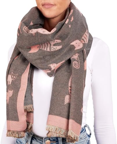 BRUBAKER Cashmirillo Damen Schal mit Katzen Muster - 70 x 200 cm - Warm und Kuschelig - Winterschal für Herbst und Winter - Herbstschal - Weiches Kaschmir-Gefühl - Rosa und Grau