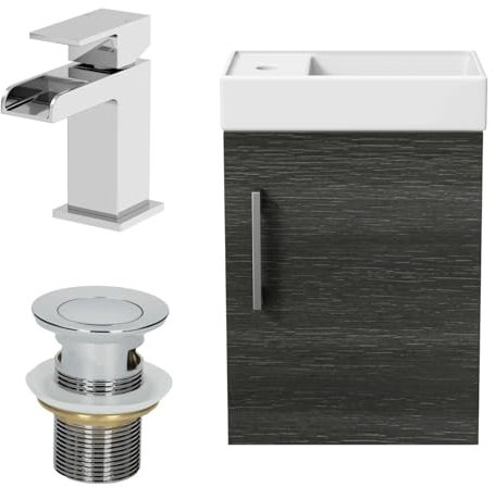 AURORA® 400mm Bathroom Vanity Unit Ceramic Wash Sink Wall Hung Storage Cabinet Reversible Soft Close Cupboard & Chrome Waterfall Basin Mixer Tap & Waste Set, Charcoal Grey