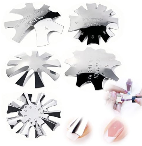 SGERUFZ 5 Stücke Edelstahl Rand Trimmer Smile Line Maniküre Werkzeug Set, Nails Schablone Nagel Edge Trimmer, kantenschneider Metall Schablone Cutter für Acryl Modellage Smile Cut