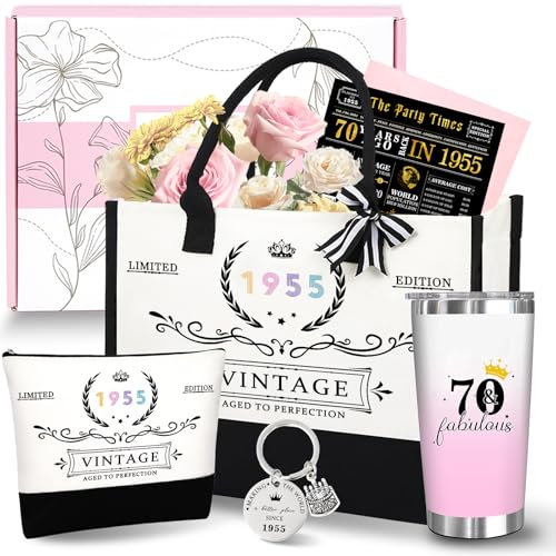 70th 1955 Birthday Gifts for Women, 70 Year Old Birthday Fabulous Gifts for Women, Cool 70th Birthday Canvas Tote Bag Gift for Woman, Turning 70th Cup Birthday Basket for Her Mom Sister Wife Grandma